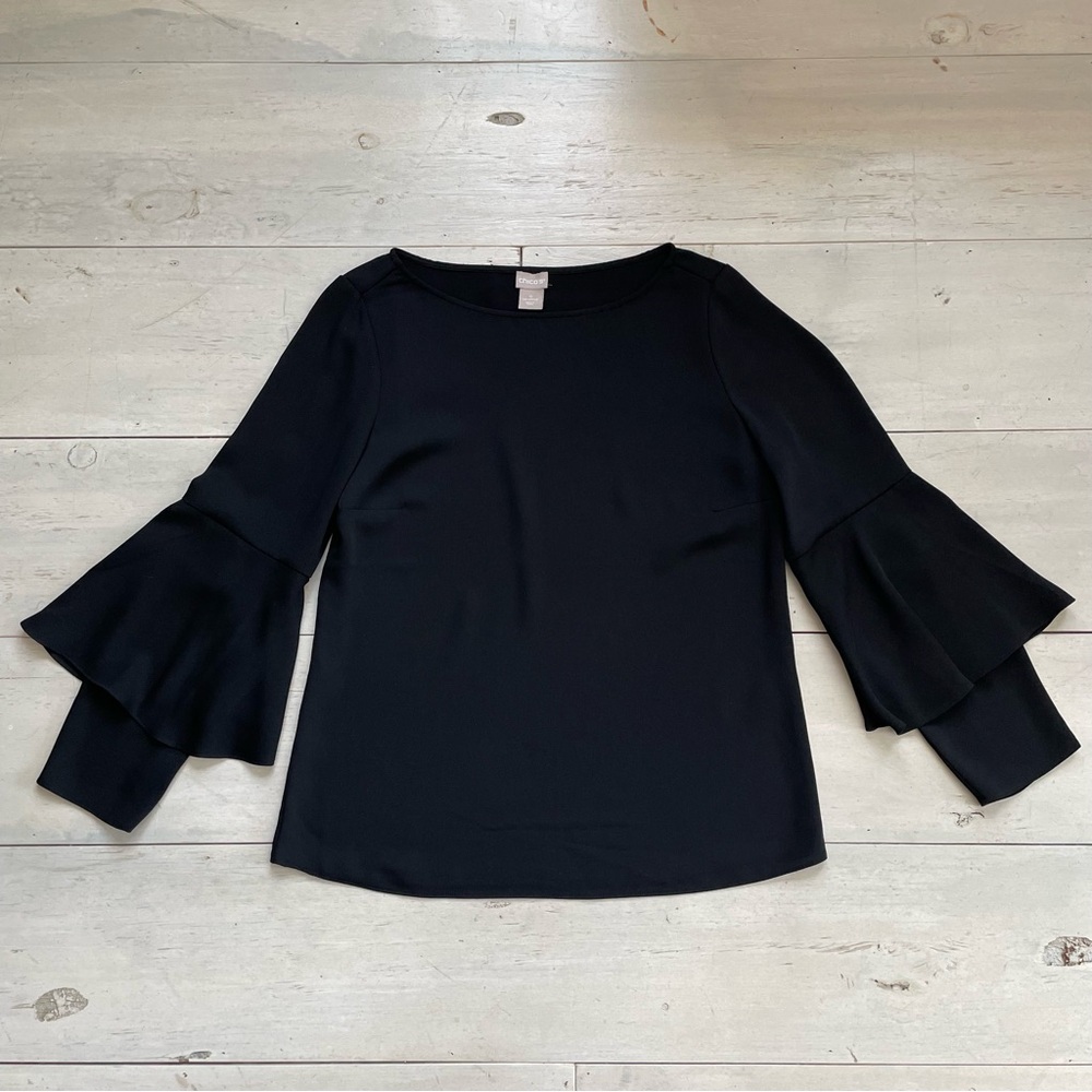 Chico's Womens Black Top Long Sleeve Flare Sleeve Overlay Size 0 (S) Flowing Fit